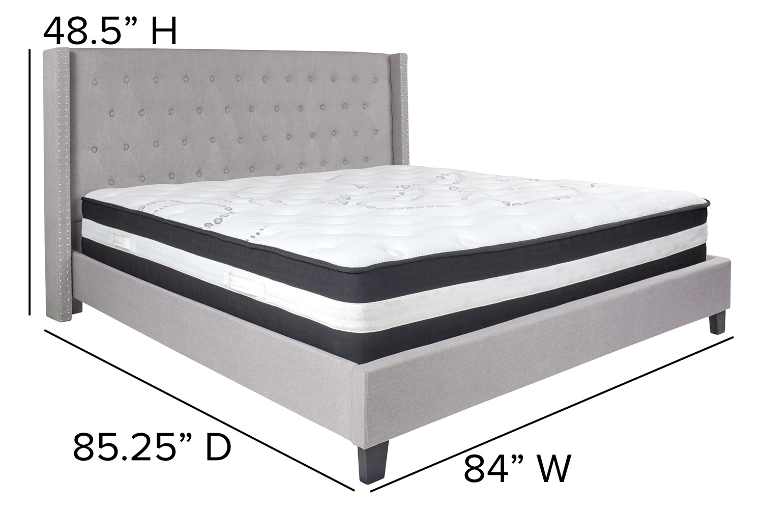 BLNK Riverdale Tufted Upholstered Platform Bed with Pocket Spring Mattress - Light Gray, King Size