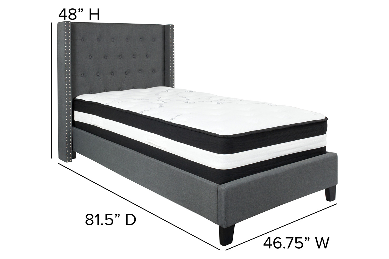 BLNK Riverdale Tufted Upholstered Platform Bed with Pocket Spring Mattress - Dark Gray, Twin Size