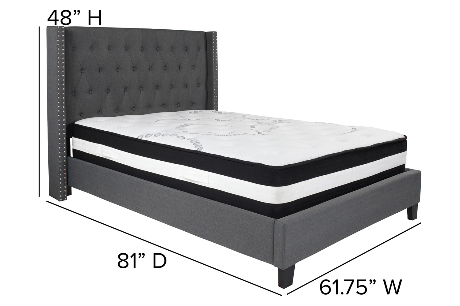 BLNK Riverdale Tufted Upholstered Platform Bed with Pocket Spring Mattress - Dark Gray, Full Size