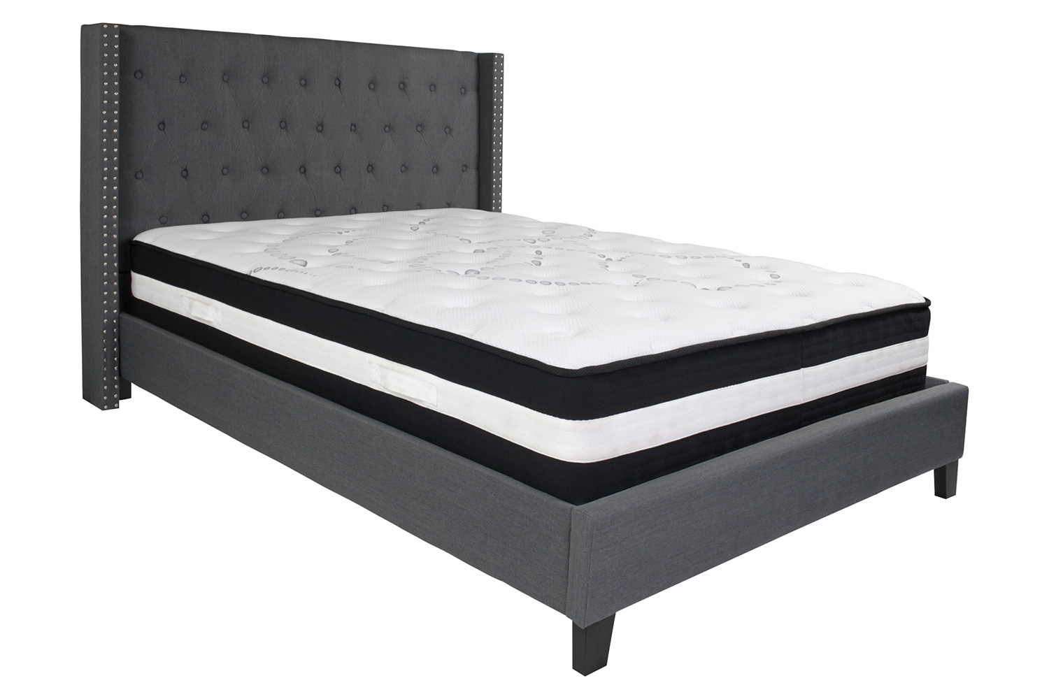 BLNK Riverdale Tufted Upholstered Platform Bed with Pocket Spring Mattress - Dark Gray, Queen Size