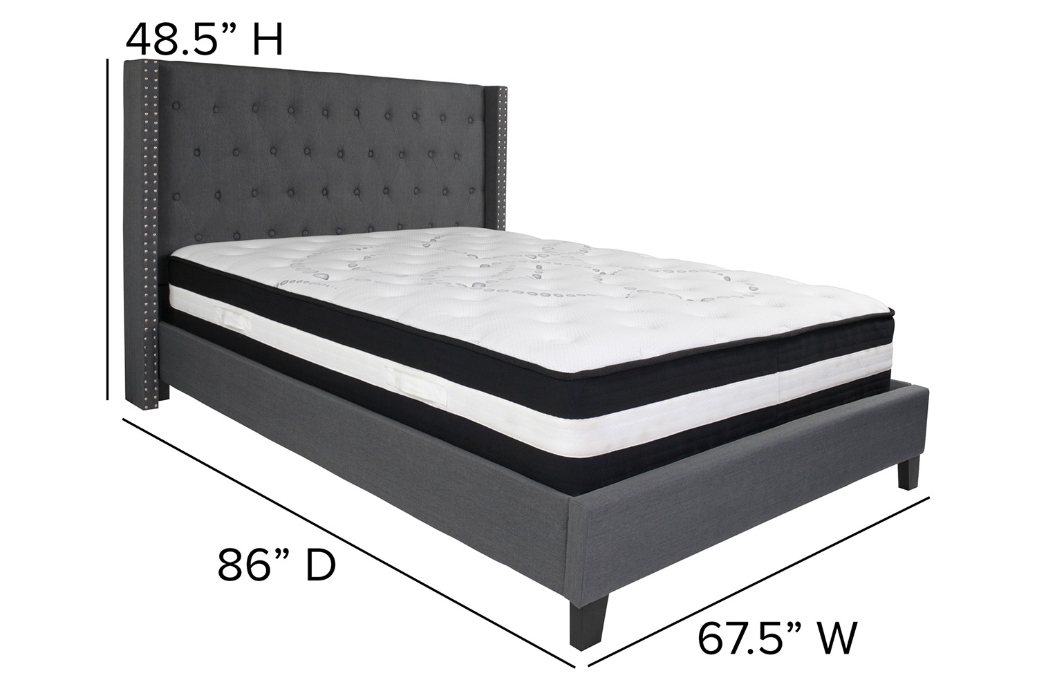 BLNK Riverdale Tufted Upholstered Platform Bed with Pocket Spring Mattress - Dark Gray, Queen Size