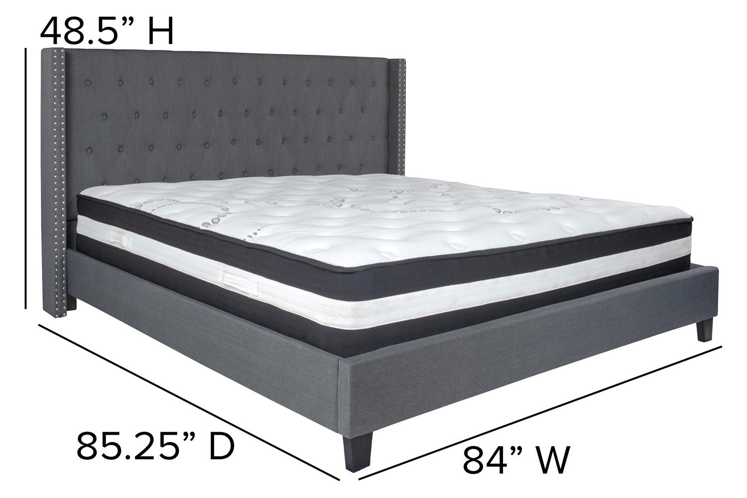 BLNK Riverdale Tufted Upholstered Platform Bed with Pocket Spring Mattress - Dark Gray, King Size