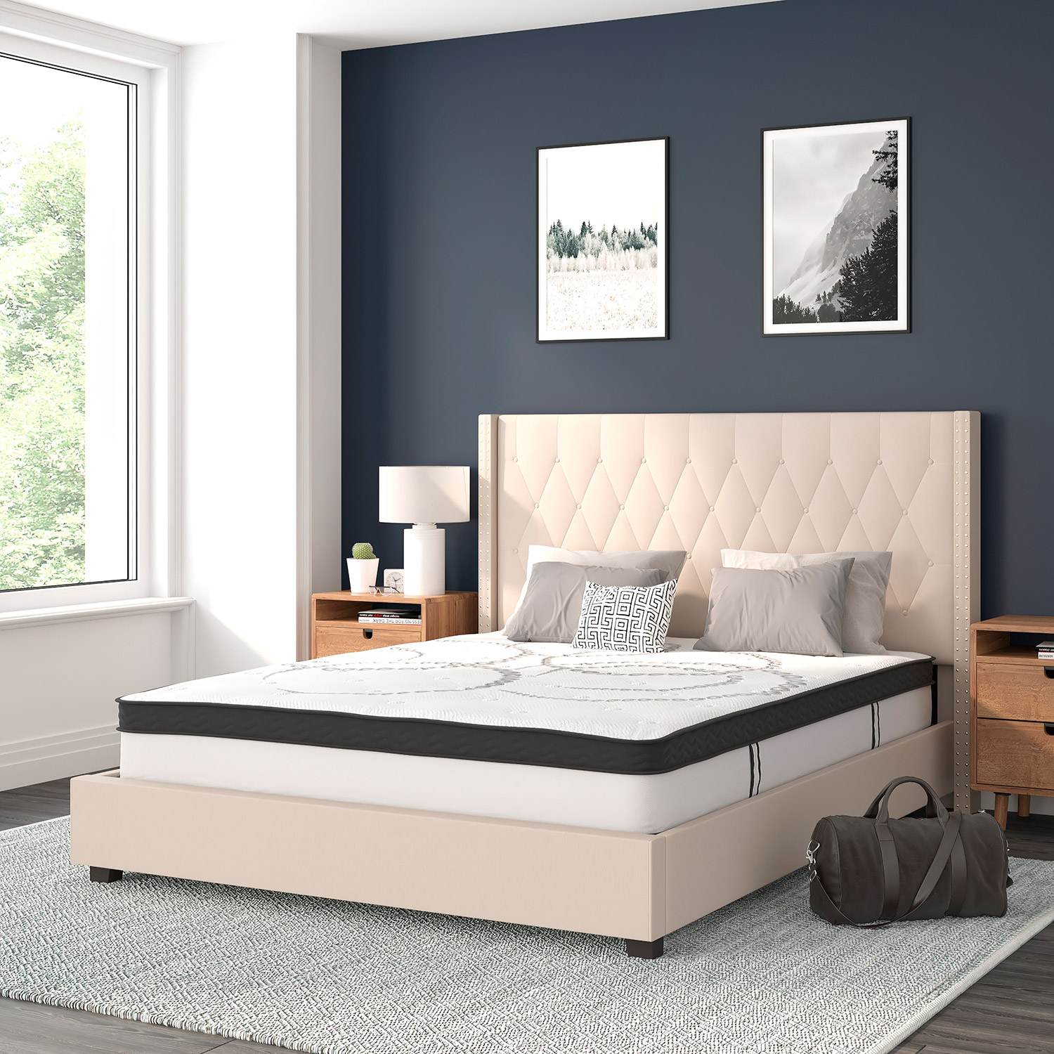 BLNK Riverdale Tufted Upholstered Platform Bed with 10" CertiPUR-US Certified Pocket Spring Mattress