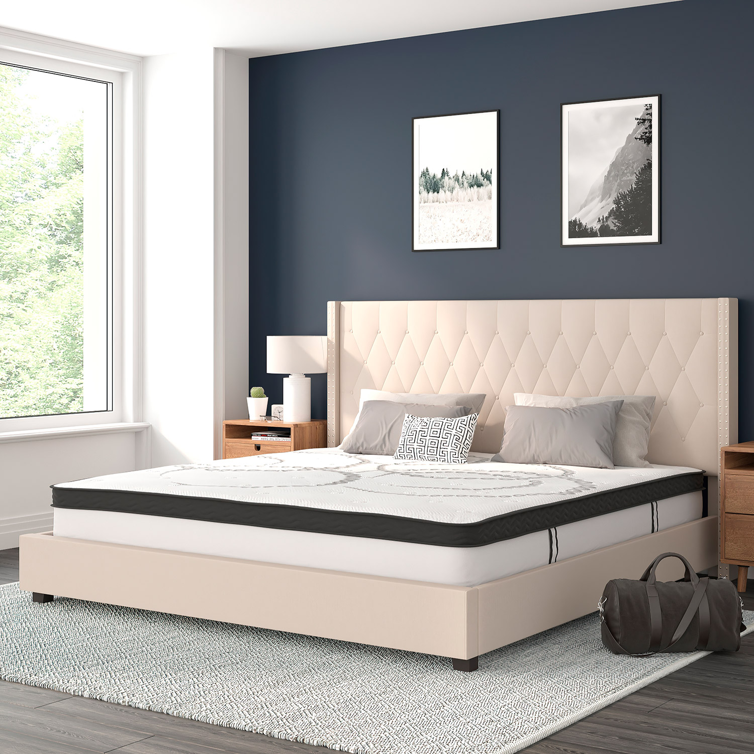 BLNK Riverdale Tufted Upholstered Platform Bed with 10" CertiPUR-US Certified Pocket Spring Mattress