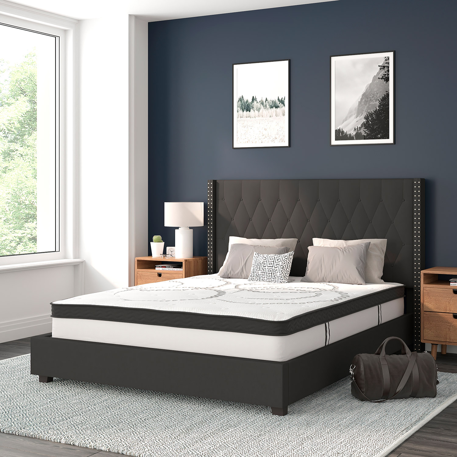 BLNK Riverdale Tufted Upholstered Platform Bed with 10" CertiPUR-US Certified Pocket Spring Mattress