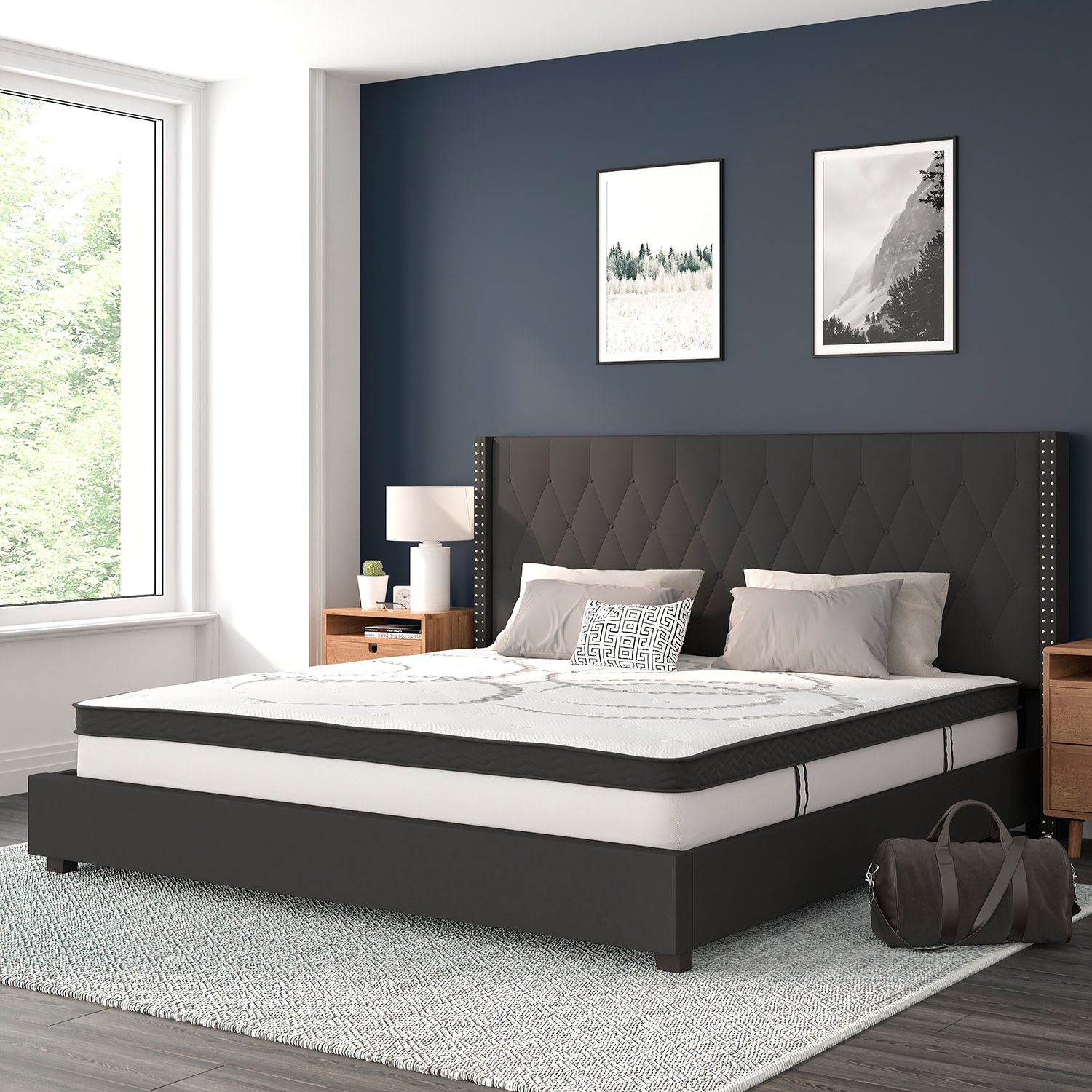 BLNK Riverdale Tufted Upholstered Platform Bed with 10" CertiPUR-US Certified Pocket Spring Mattress