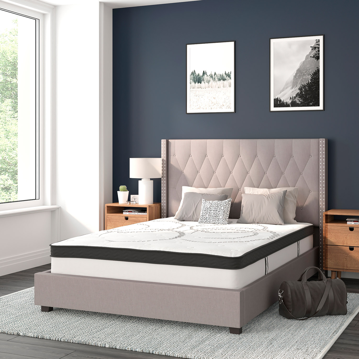 BLNK Riverdale Tufted Upholstered Platform Bed with 10" CertiPUR-US Certified Pocket Spring Mattress