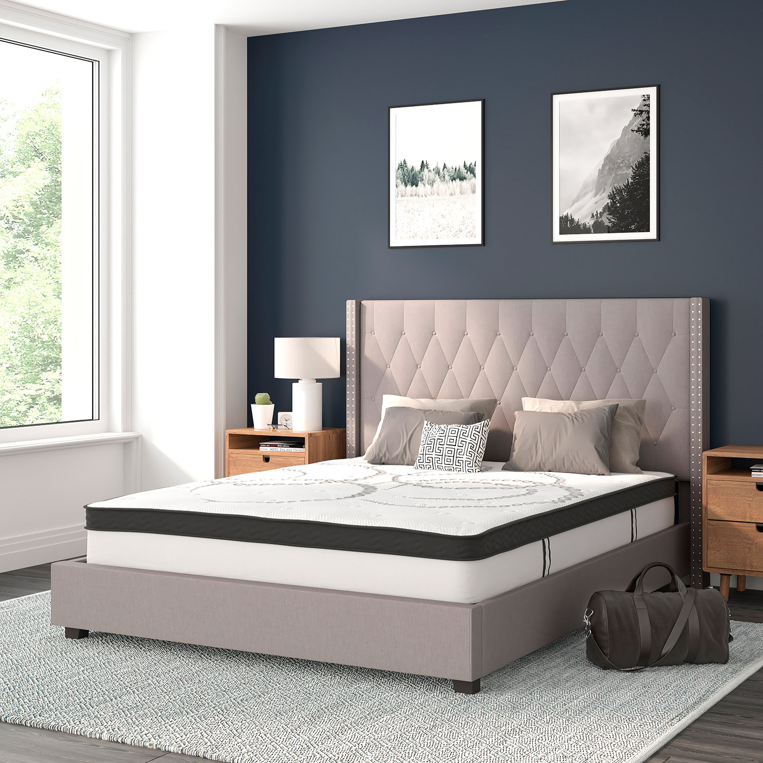 BLNK Riverdale Tufted Upholstered Platform Bed with 10" CertiPUR-US Certified Pocket Spring Mattress