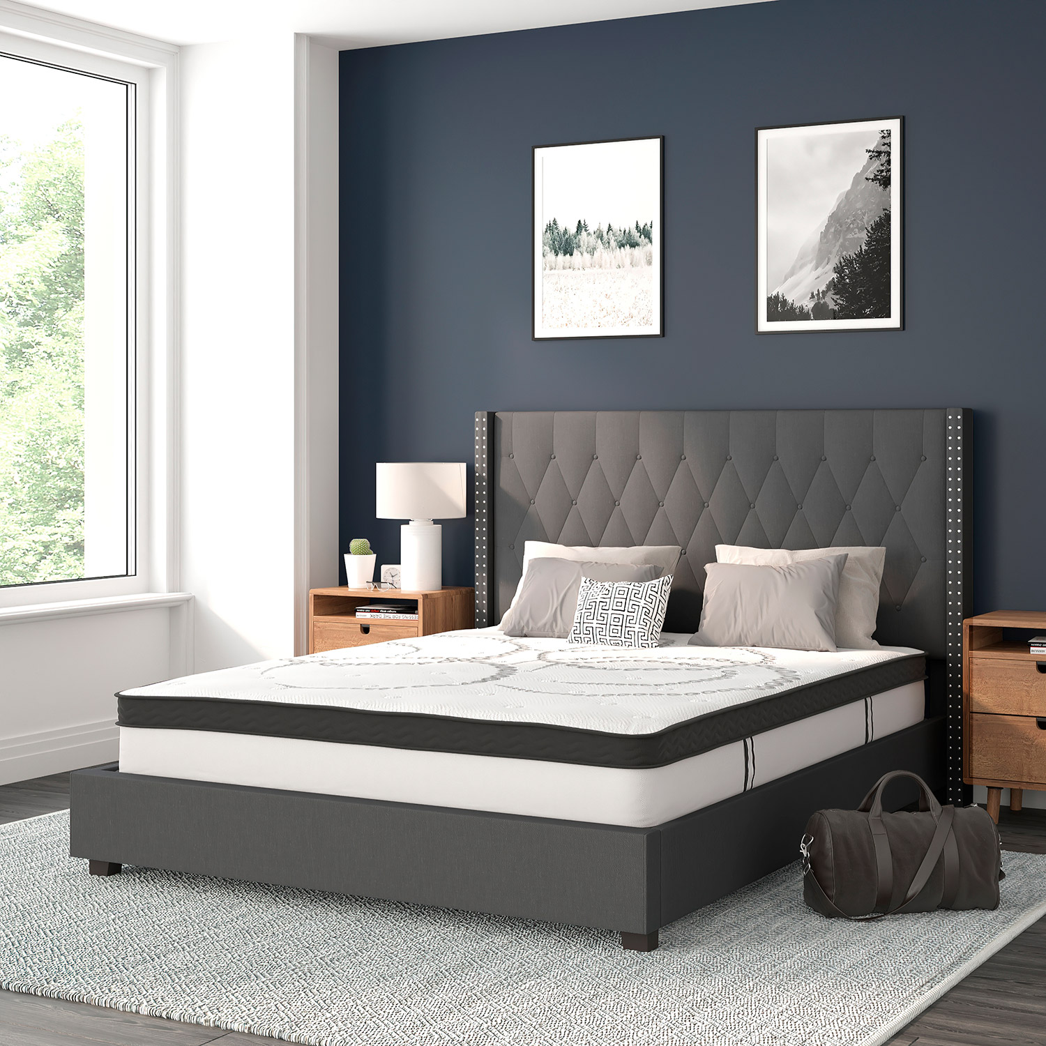 BLNK Riverdale Tufted Upholstered Platform Bed with 10" CertiPUR-US Certified Pocket Spring Mattress