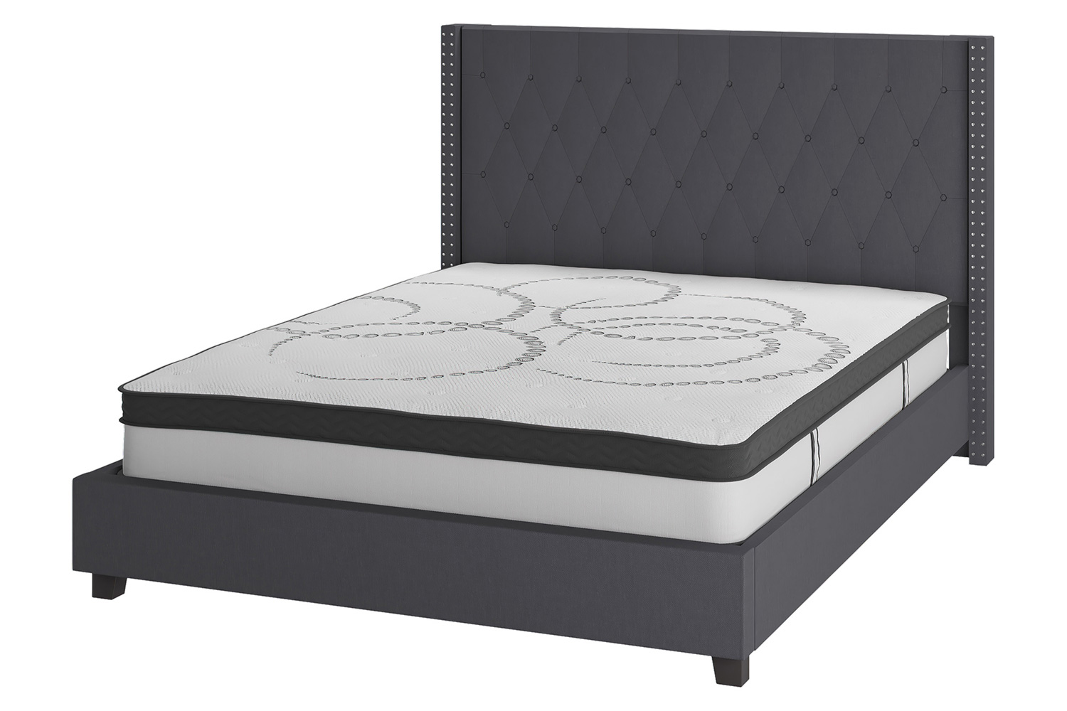 BLNK Riverdale Tufted Upholstered Platform Bed with 10" CertiPUR-US Certified Pocket Spring Mattress - Dark Gray, Queen Size