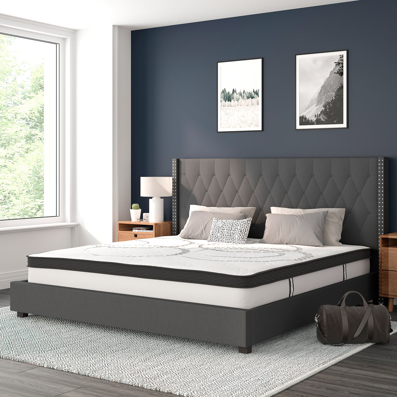 BLNK Riverdale Tufted Upholstered Platform Bed with 10" CertiPUR-US Certified Pocket Spring Mattress