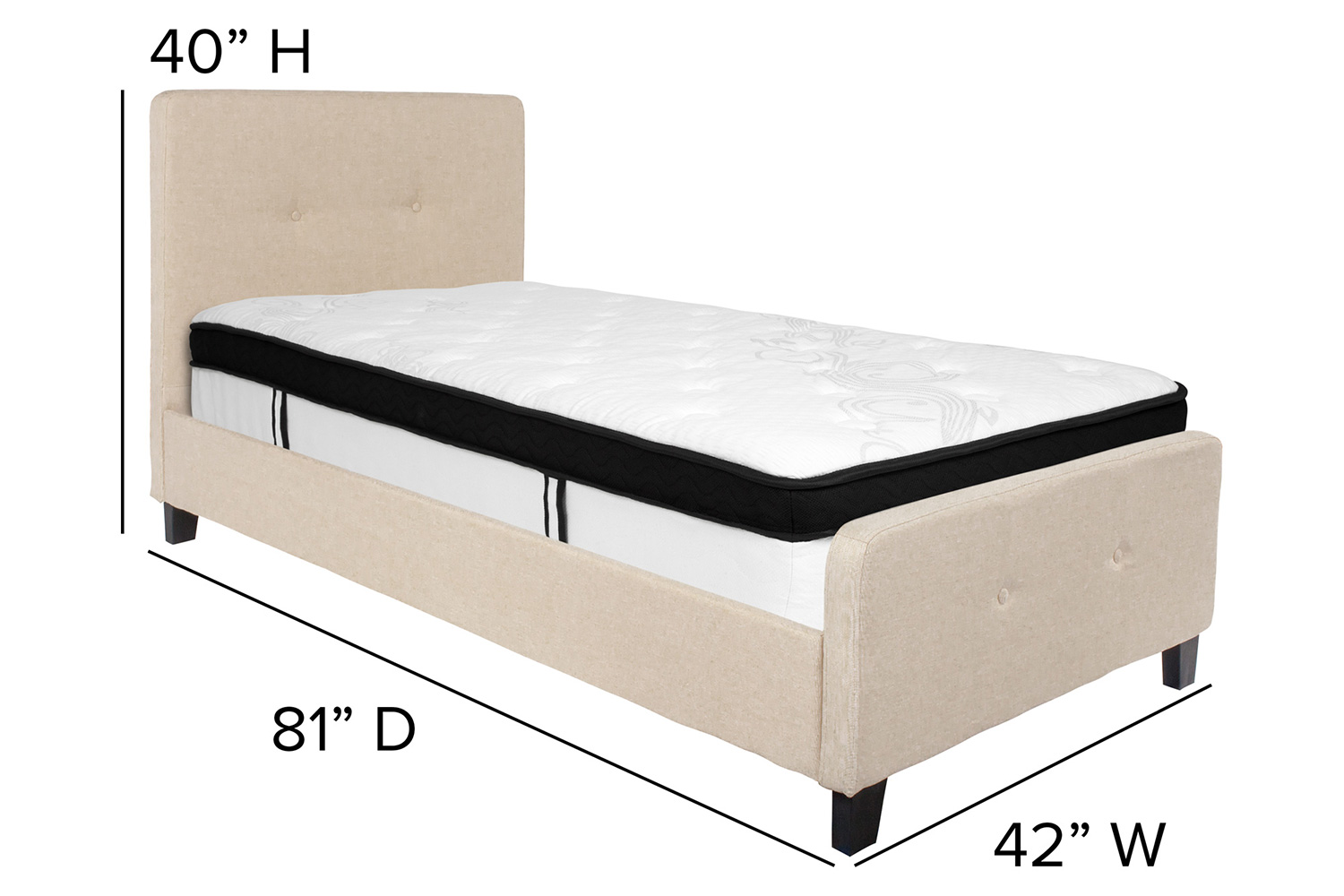 BLNK Tribeca Tufted Upholstered Platform Bed with Memory Foam Mattress - Beige, Twin Size