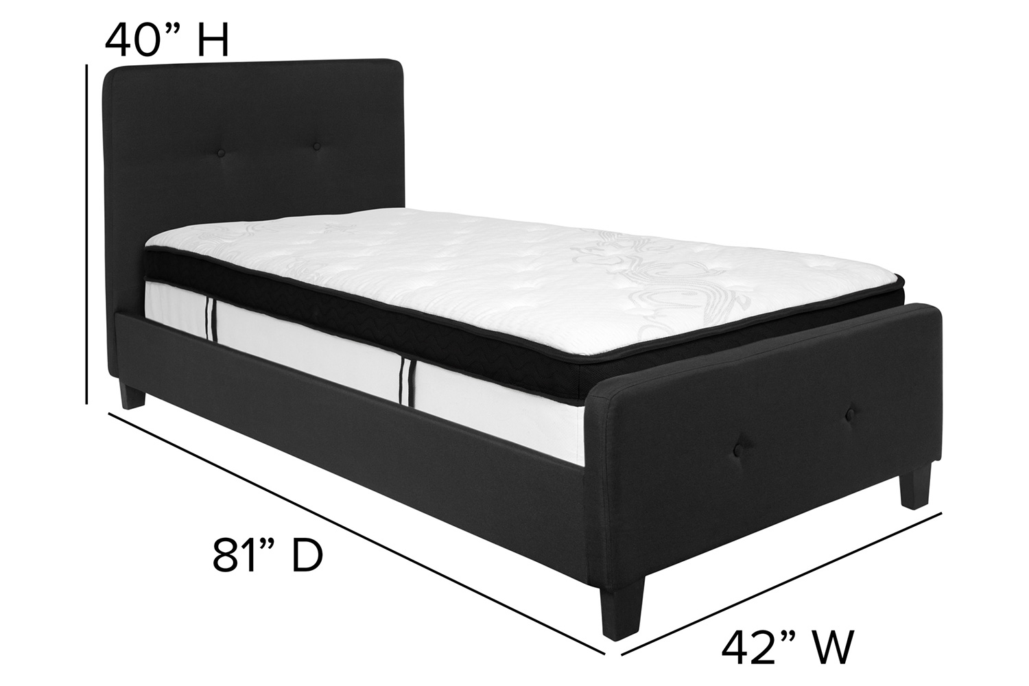 BLNK Tribeca Tufted Upholstered Platform Bed with Memory Foam Mattress - Black, Twin Size