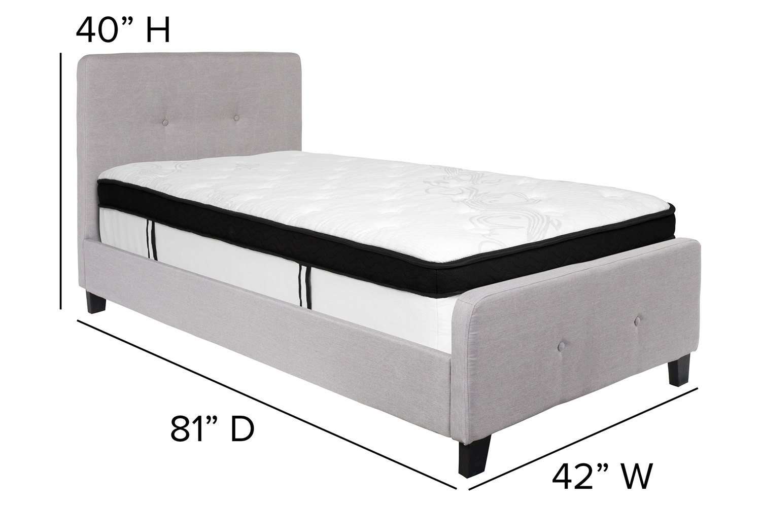 BLNK Tribeca Tufted Upholstered Platform Bed with Memory Foam Mattress - Light Gray, Twin Size