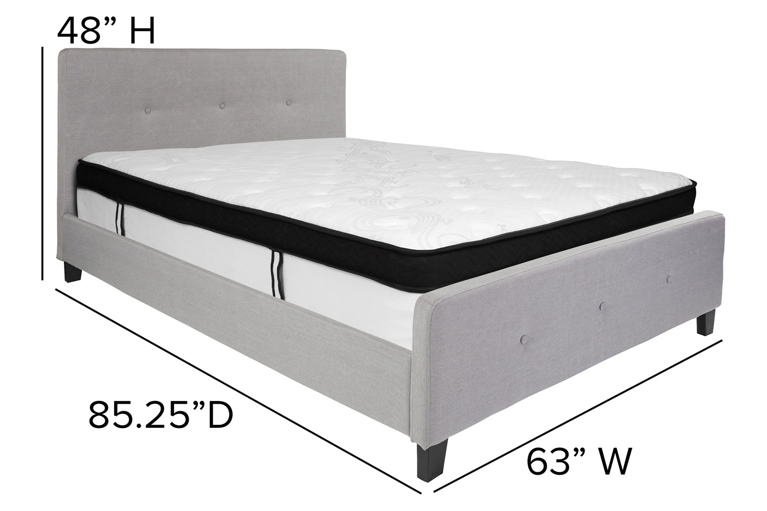 BLNK Tribeca Tufted Upholstered Platform Bed with Memory Foam Mattress - Light Gray, Queen Size