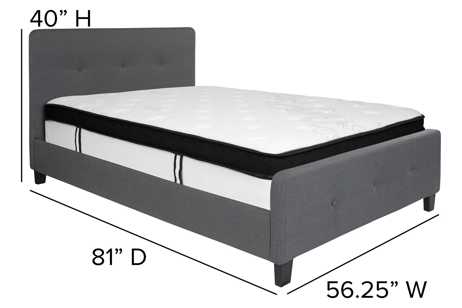 BLNK Tribeca Tufted Upholstered Platform Bed with Memory Foam Mattress - Dark Gray, Full Size