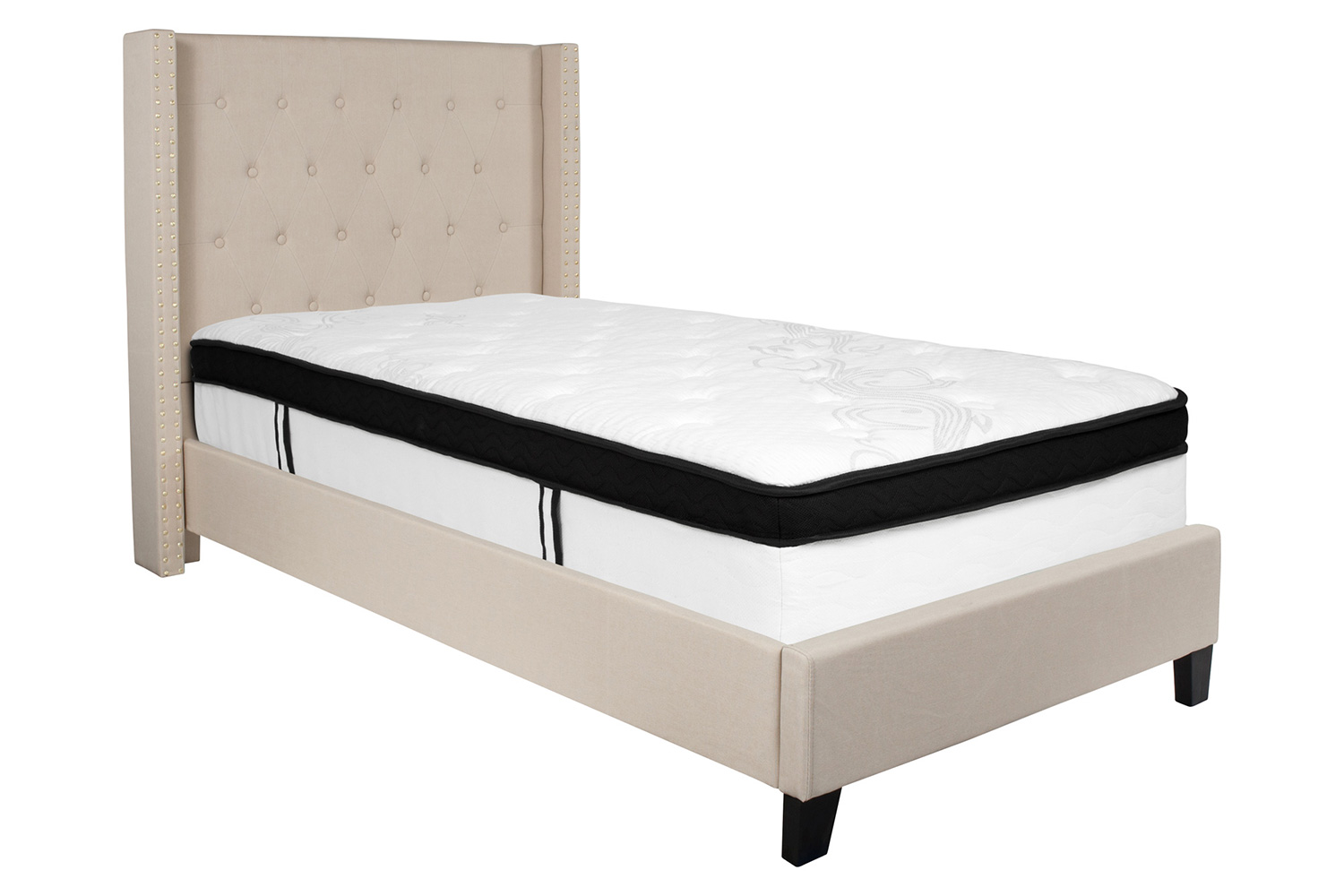 BLNK Riverdale Tufted Upholstered Platform Bed with Memory Foam Mattress - Beige, Twin Size