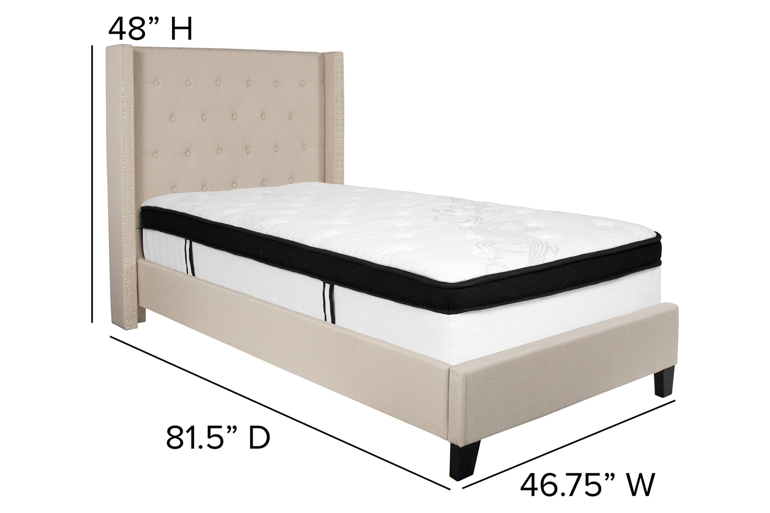 BLNK Riverdale Tufted Upholstered Platform Bed with Memory Foam Mattress - Beige, Twin Size