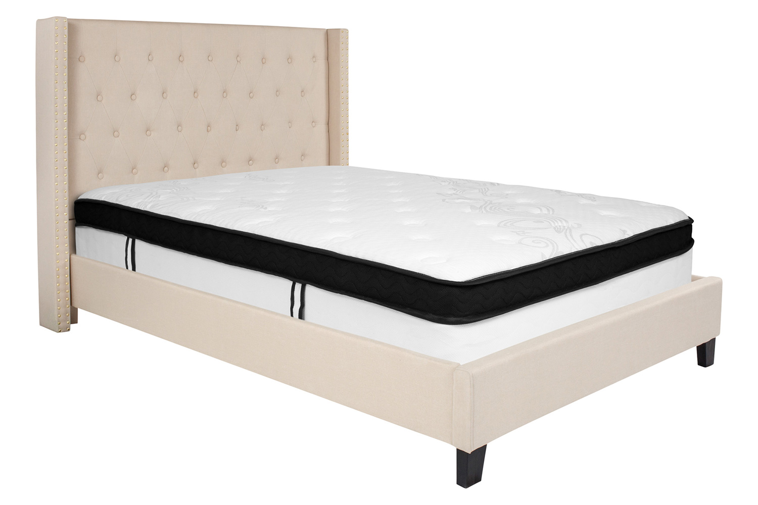 BLNK Riverdale Tufted Upholstered Platform Bed with Memory Foam Mattress - Beige, Full Size