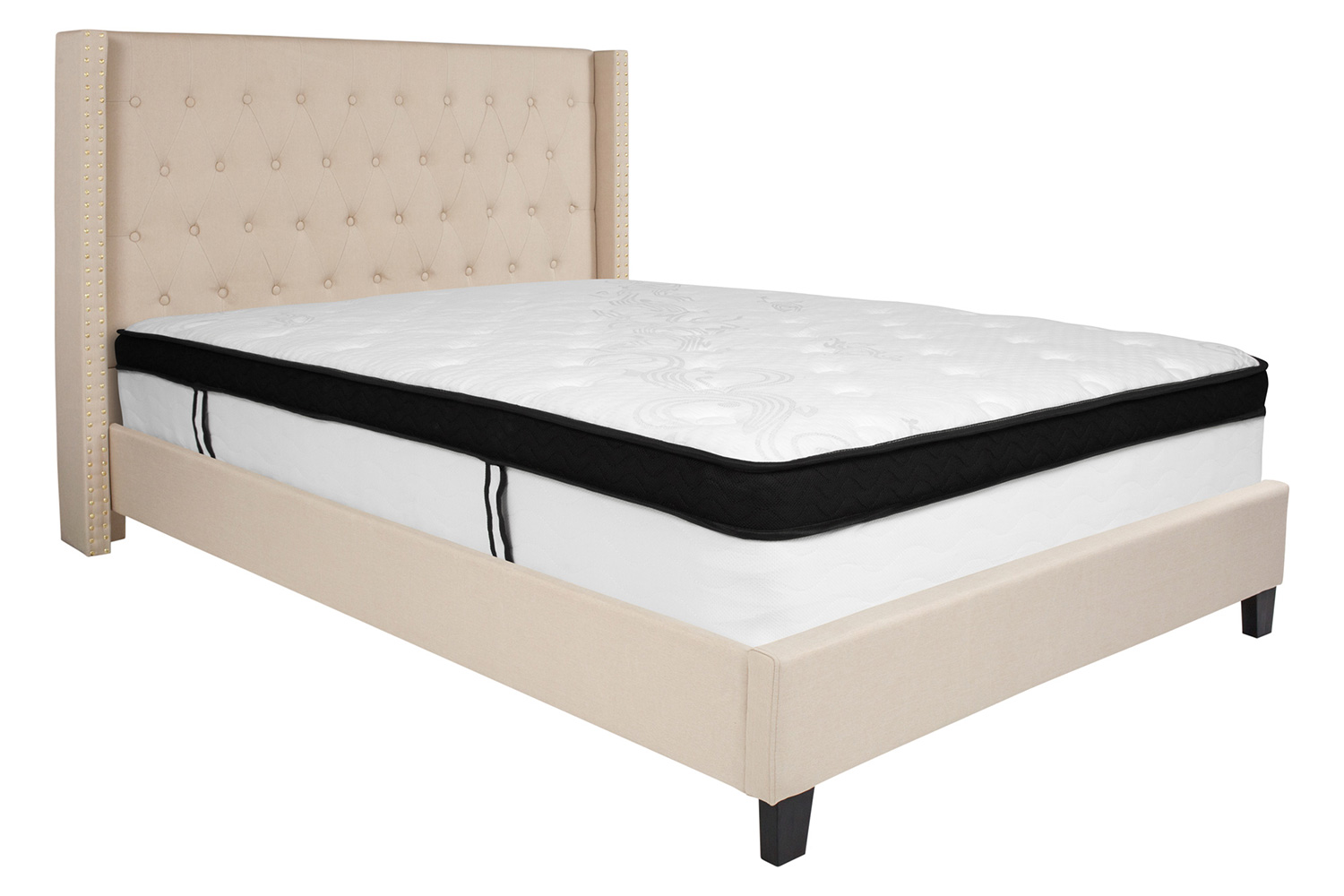 BLNK Riverdale Tufted Upholstered Platform Bed with Memory Foam Mattress - Beige, Queen Size