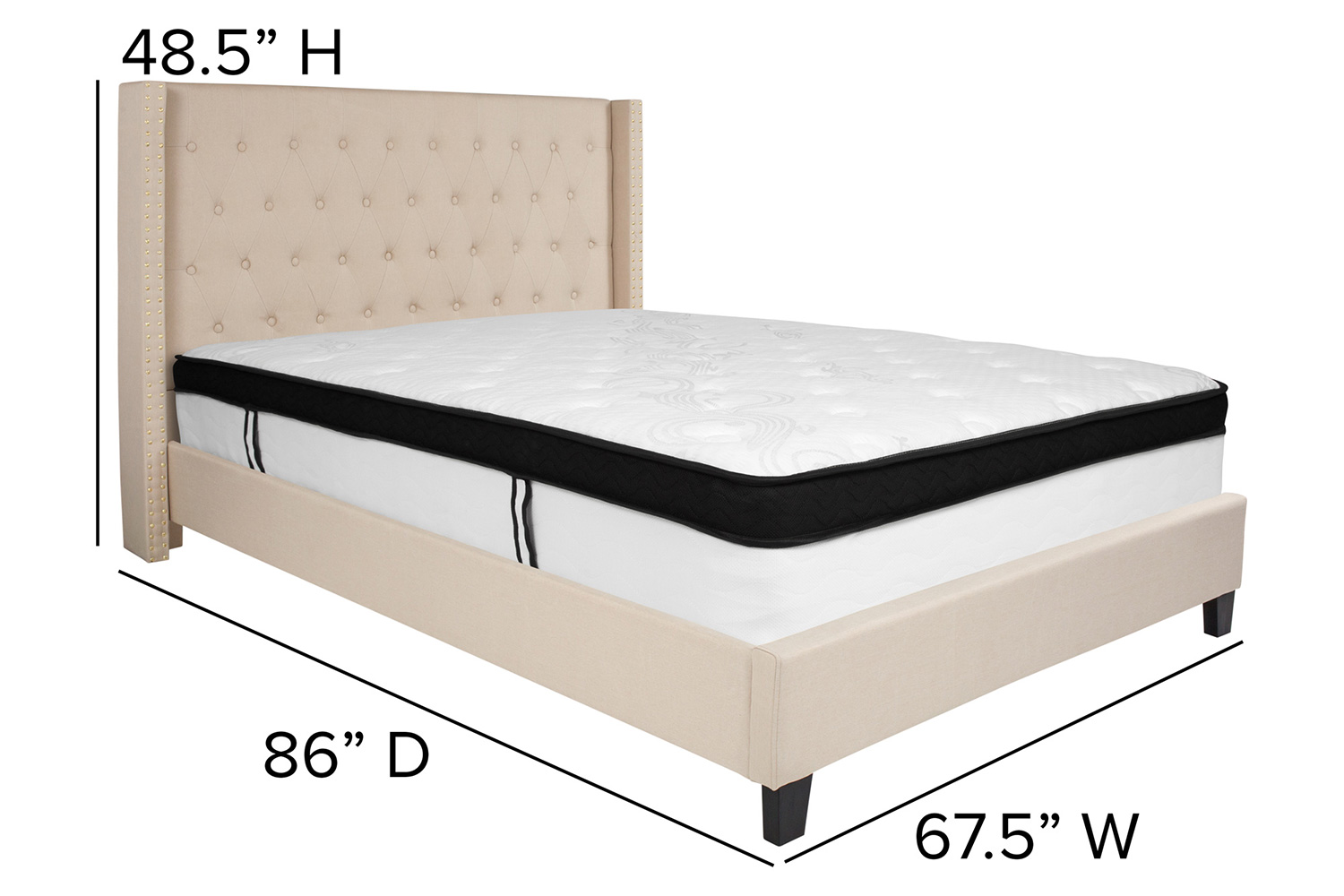 BLNK Riverdale Tufted Upholstered Platform Bed with Memory Foam Mattress - Beige, Queen Size