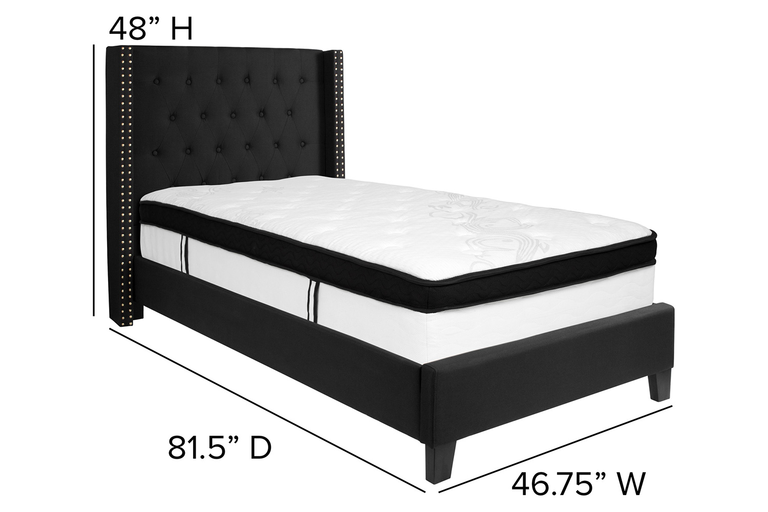 BLNK Riverdale Tufted Upholstered Platform Bed with Memory Foam Mattress - Black, Twin Size