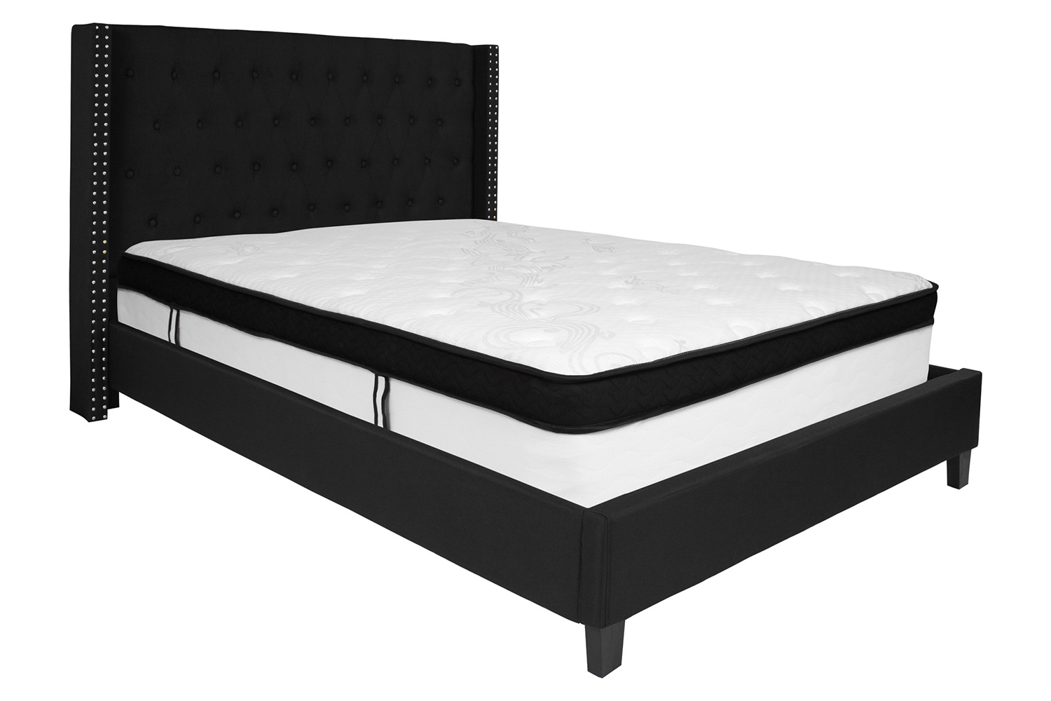 BLNK Riverdale Tufted Upholstered Platform Bed with Memory Foam Mattress - Black, Queen Size