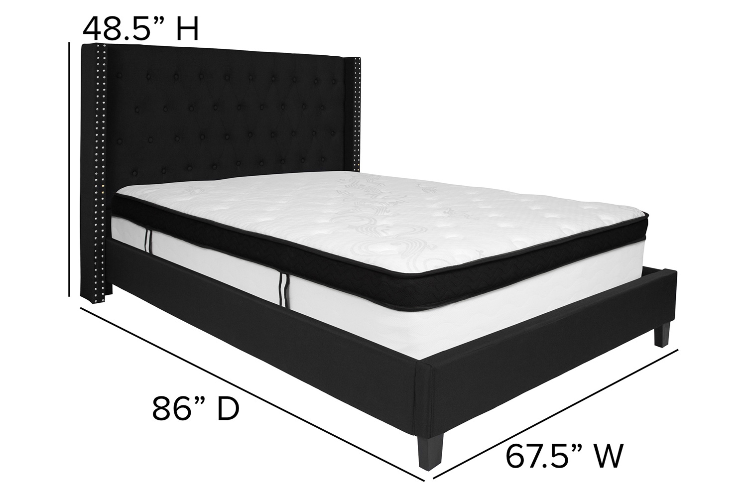 BLNK Riverdale Tufted Upholstered Platform Bed with Memory Foam Mattress - Black, Queen Size