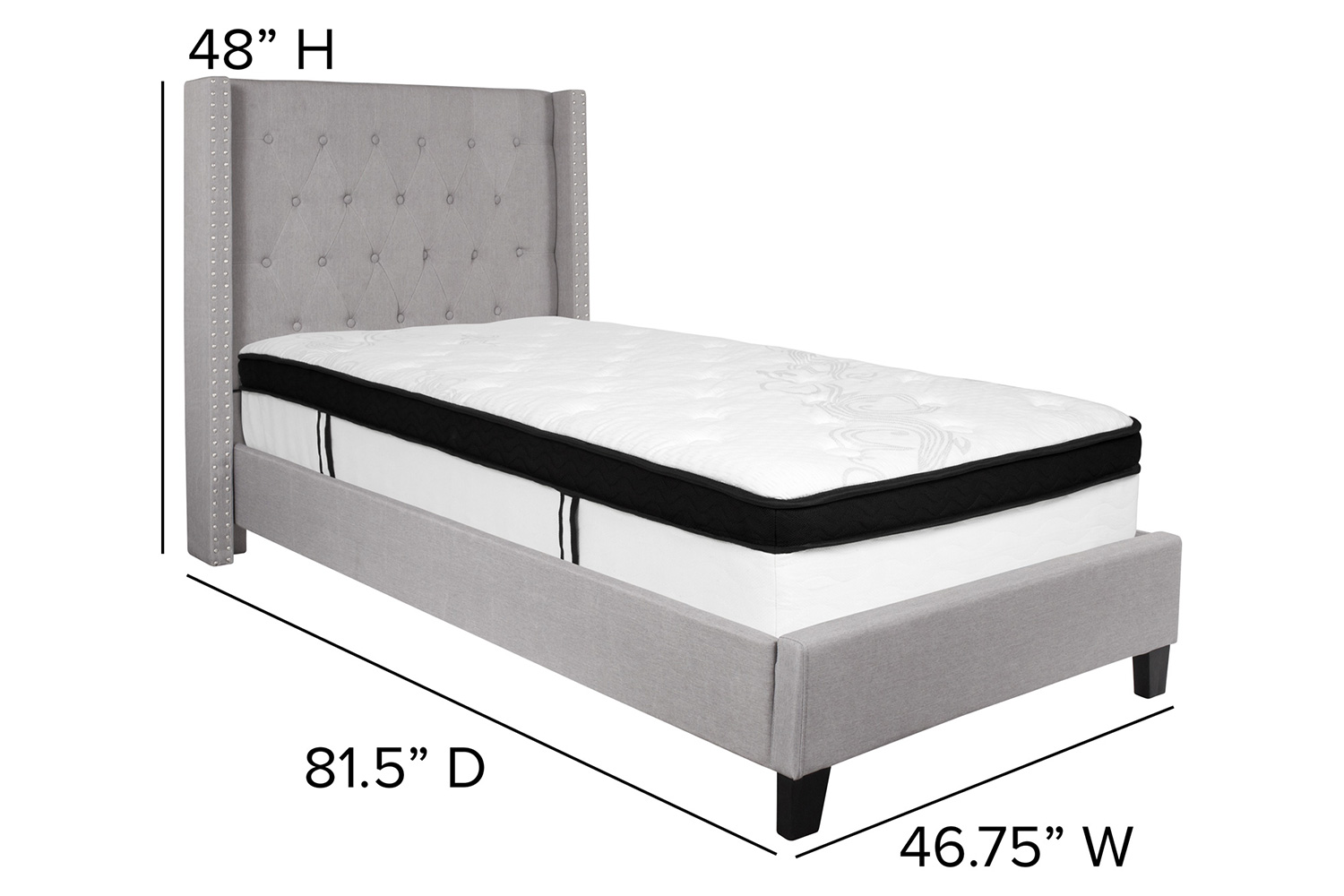 BLNK Riverdale Tufted Upholstered Platform Bed with Memory Foam Mattress - Light Gray, Twin Size