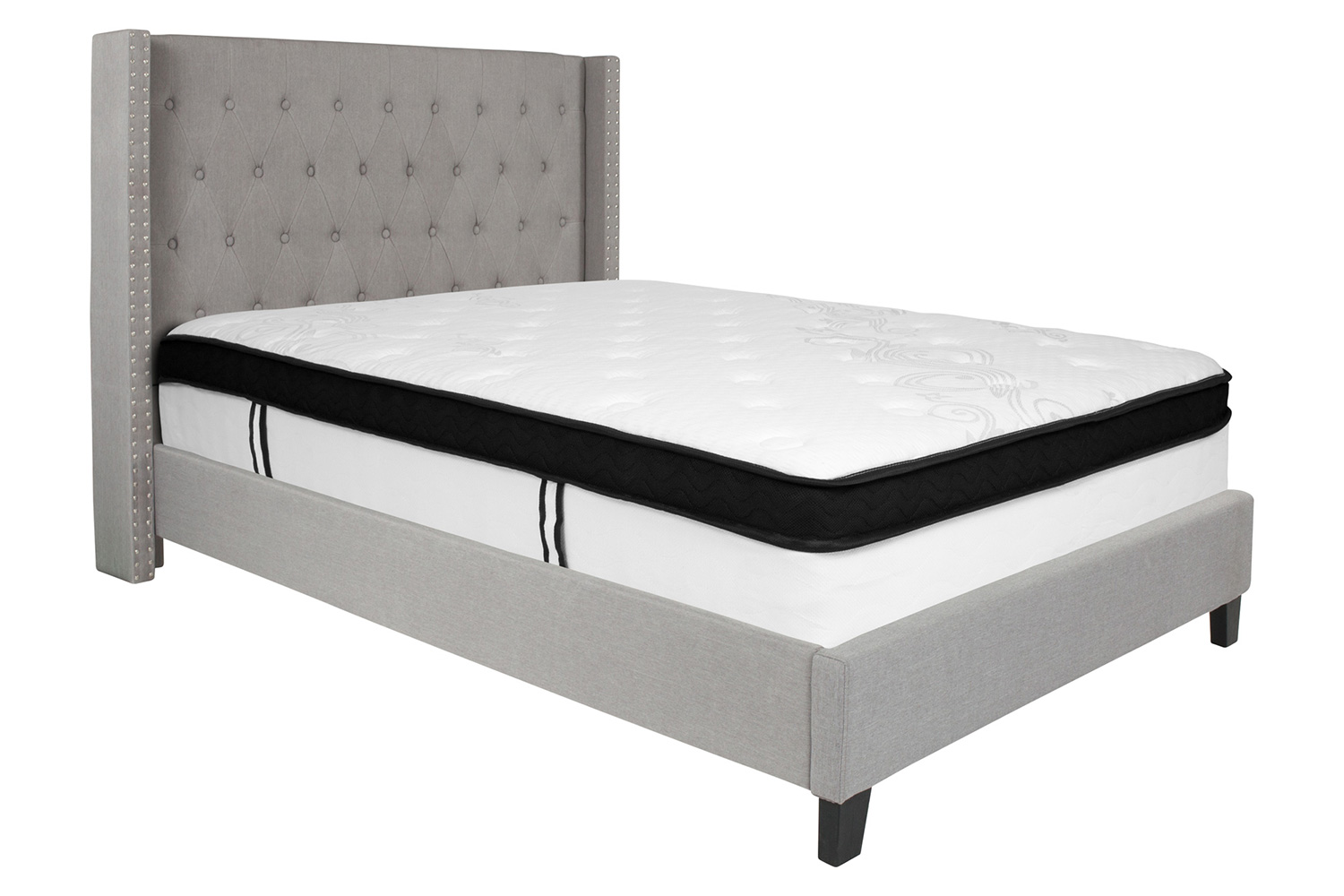 BLNK Riverdale Tufted Upholstered Platform Bed with Memory Foam Mattress - Light Gray, Full Size