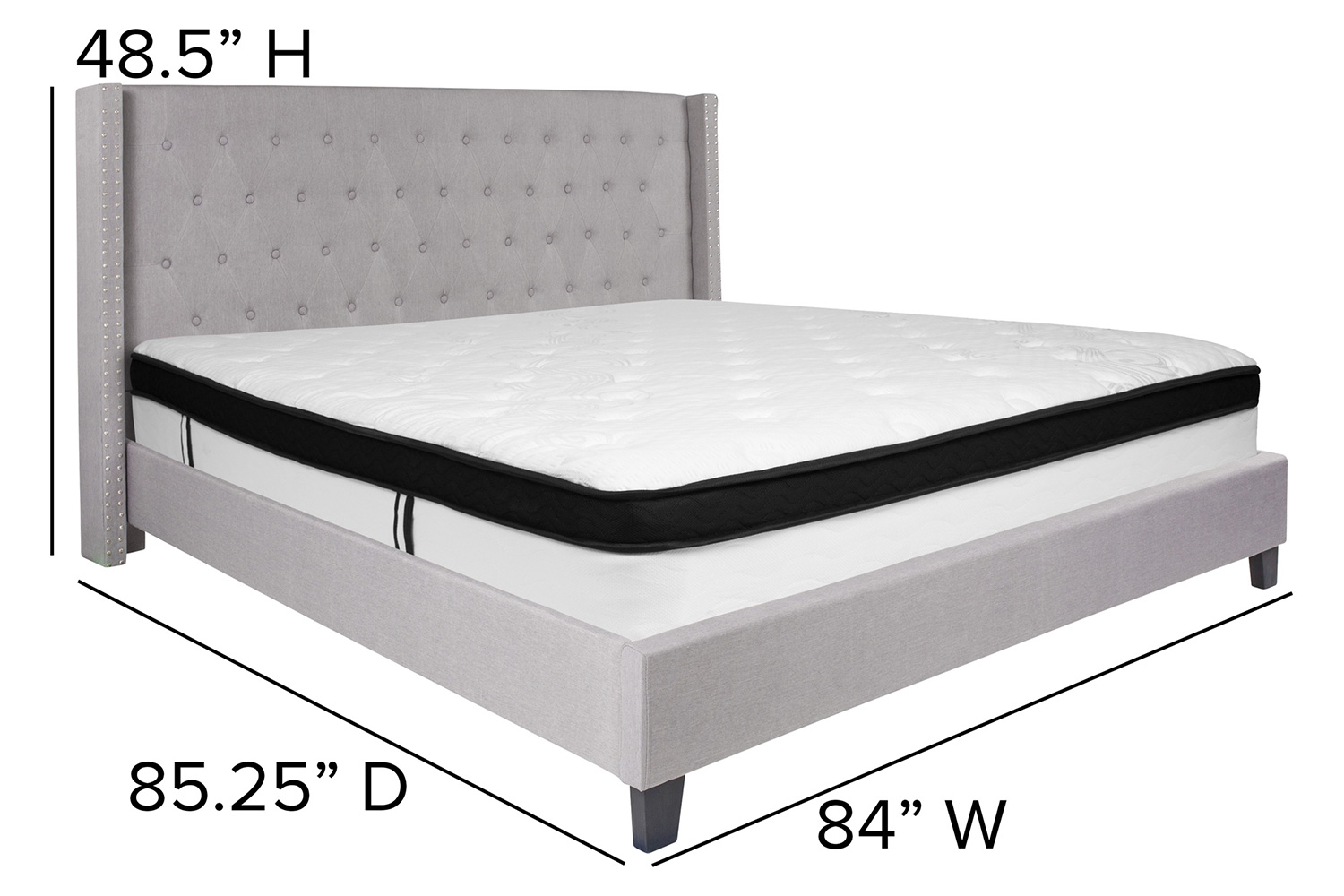 BLNK Riverdale Tufted Upholstered Platform Bed with Memory Foam Mattress - Light Gray, King Size