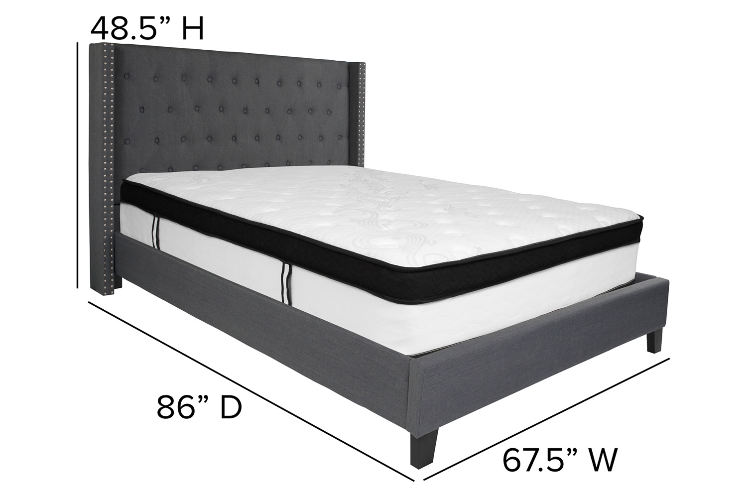 BLNK Riverdale Tufted Upholstered Platform Bed with Memory Foam Mattress - Dark Gray, Queen Size