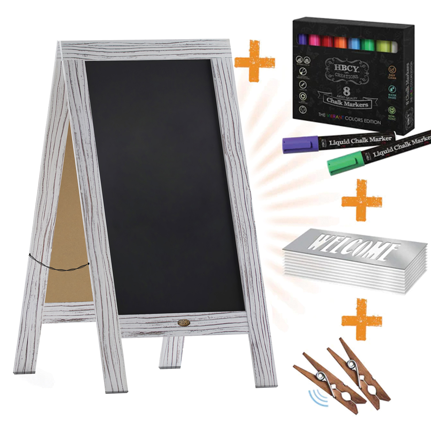 BLNK Canterbury Wooden Indoor-Outdoor A-Frame Magnetic Chalkboard Sign Set with 8 Chalk Markers - Whitewashed