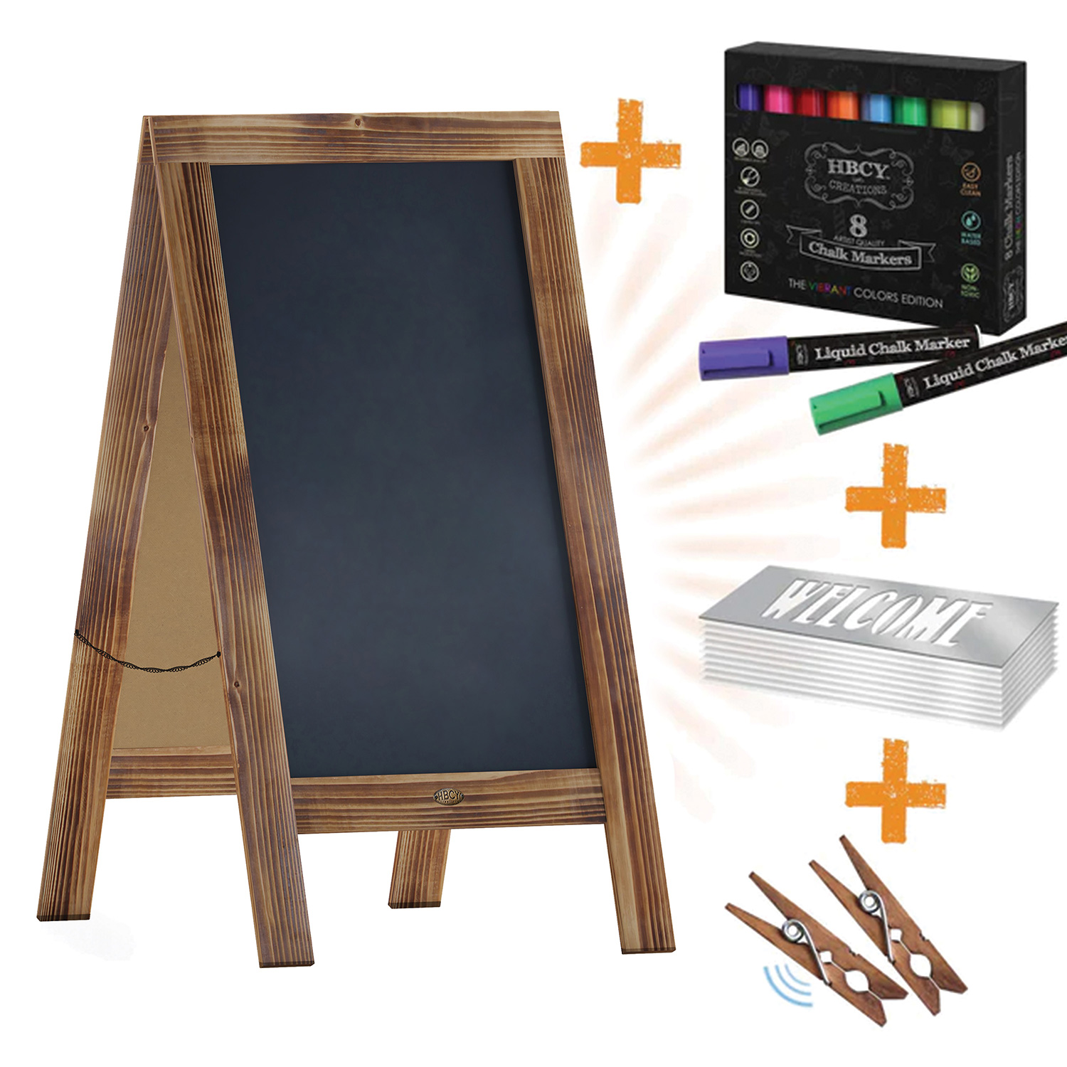 BLNK Canterbury Wooden Indoor-Outdoor A-Frame Magnetic Chalkboard Sign Set with 8 Chalk Markers - Rustic Brown