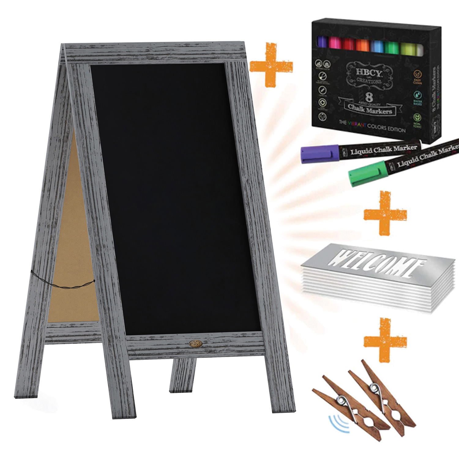 BLNK Canterbury Wooden Indoor-Outdoor A-Frame Magnetic Chalkboard Sign Set with 8 Chalk Markers - Graywashed