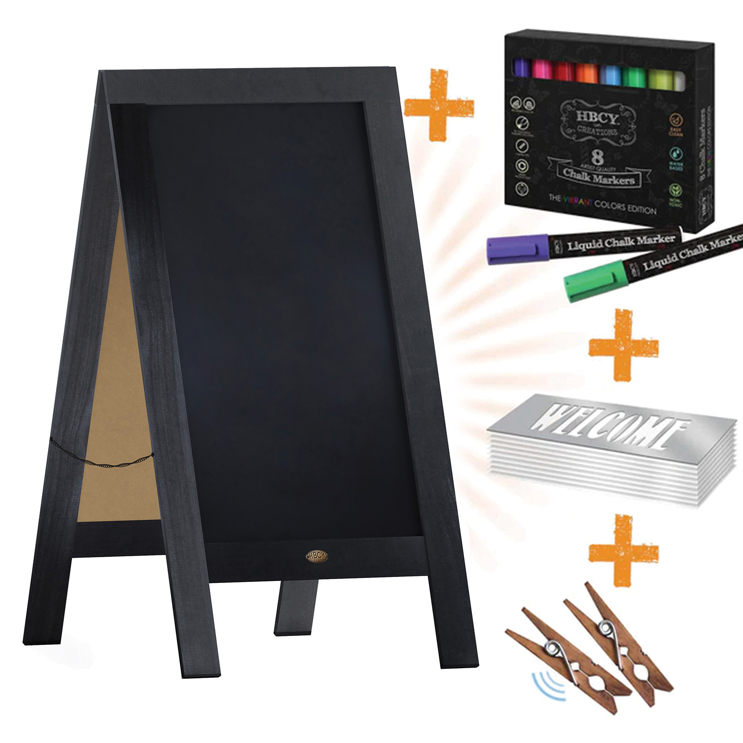 BLNK Canterbury Wooden Indoor-Outdoor A-Frame Magnetic Chalkboard Sign Set with 8 Chalk Markers - Black