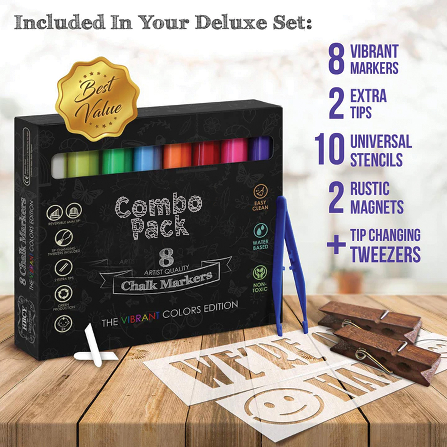 BLNK Canterbury Wooden Indoor-Outdoor A-Frame Magnetic Chalkboard Sign Set with 8 Chalk Markers - Black