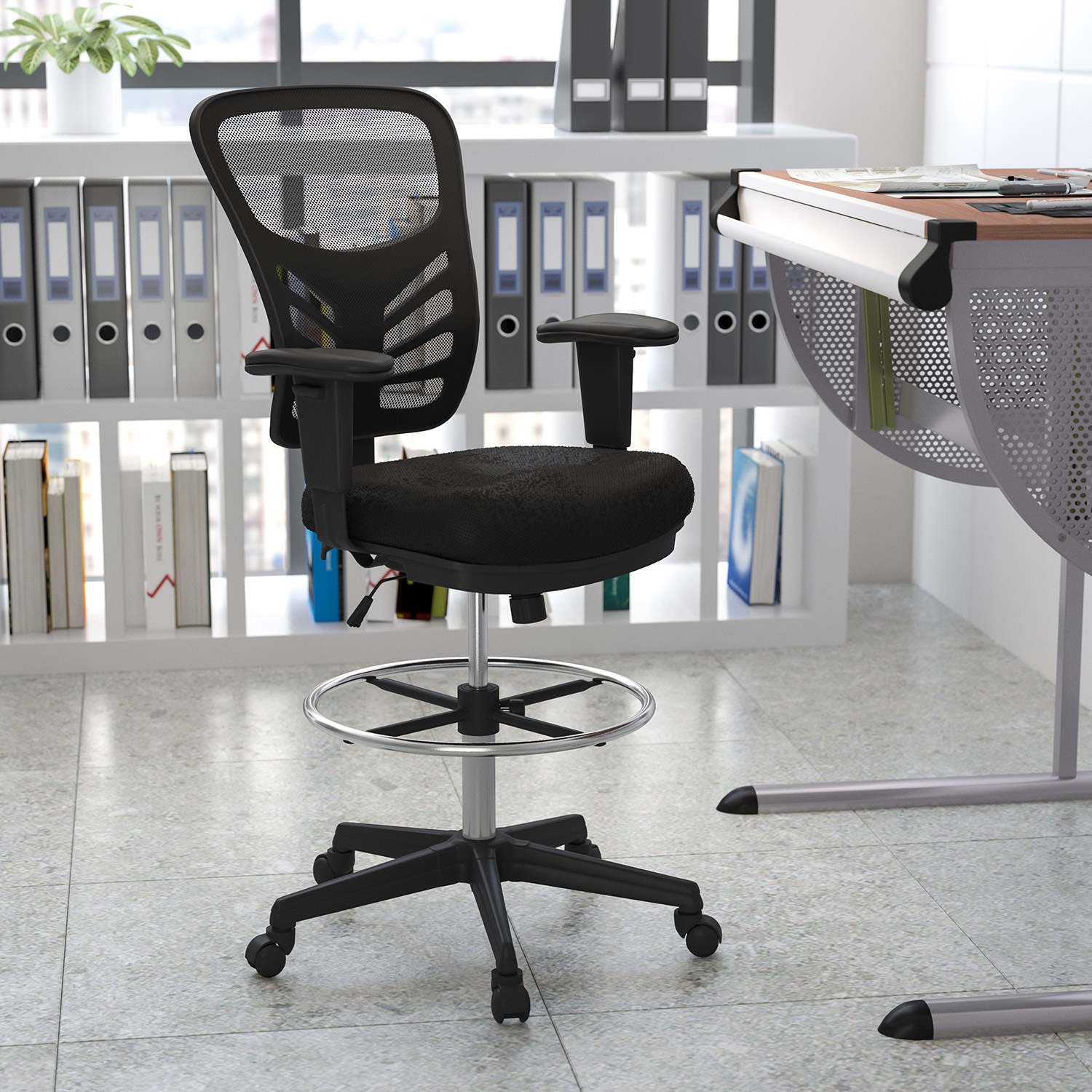 BLNK Tyler Mid-Back Mesh Ergonomic Drafting Chair with Adjustable Chrome Foot Ring, Adjustable Arms and Black Frame