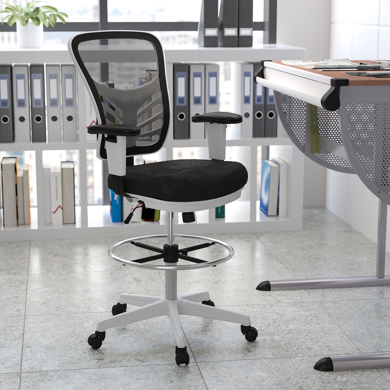 BLNK Tyler Mid-Back Mesh Ergonomic Drafting Chair with Adjustable Chrome Foot Ring, Adjustable Arms and White Frame