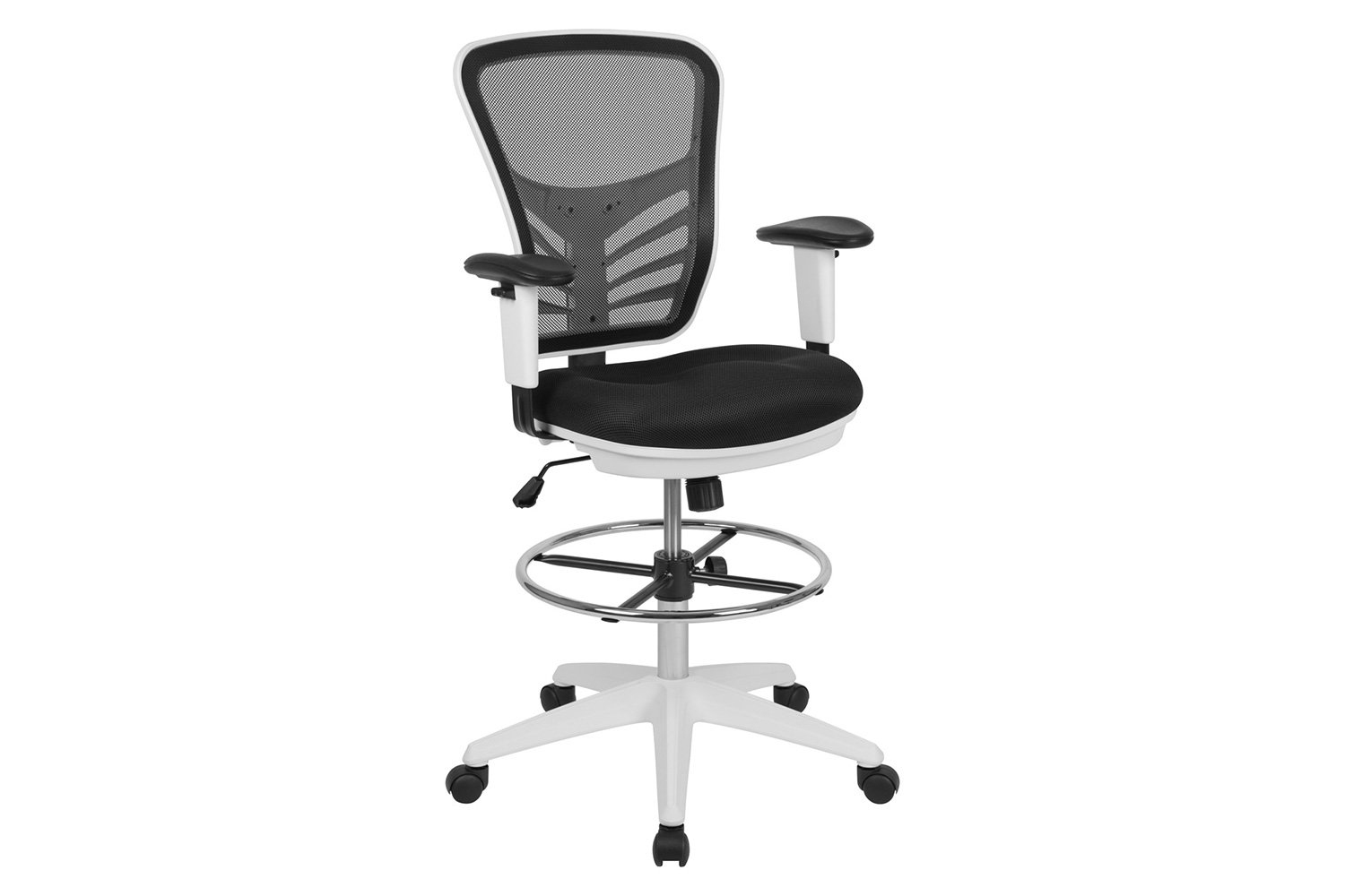 BLNK Tyler Mid-Back Mesh Ergonomic Drafting Chair with Adjustable Chrome Foot Ring, Adjustable Arms and White Frame - Black