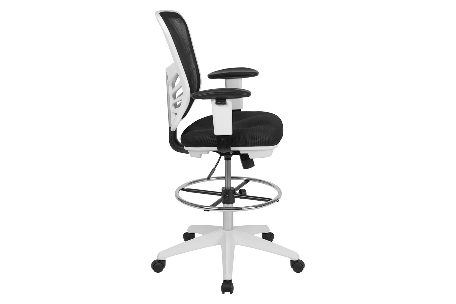 BLNK Tyler Mid-Back Mesh Ergonomic Drafting Chair with Adjustable Chrome Foot Ring, Adjustable Arms and White Frame - Black