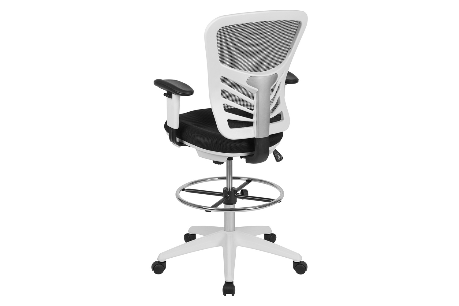 BLNK Tyler Mid-Back Mesh Ergonomic Drafting Chair with Adjustable Chrome Foot Ring, Adjustable Arms and White Frame - Black