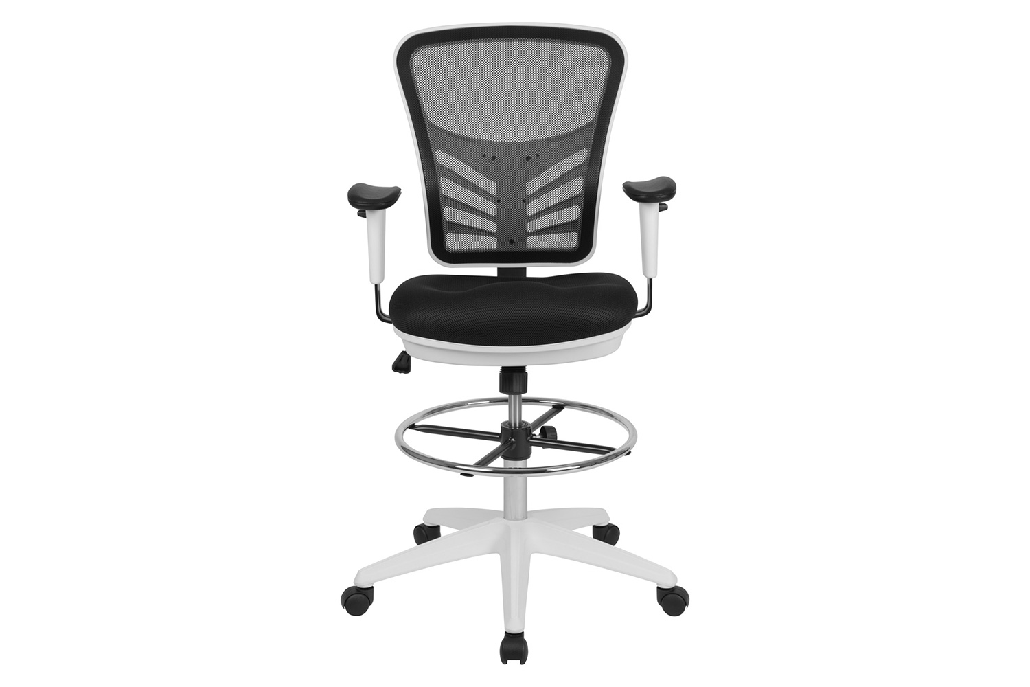 BLNK Tyler Mid-Back Mesh Ergonomic Drafting Chair with Adjustable Chrome Foot Ring, Adjustable Arms and White Frame - Black