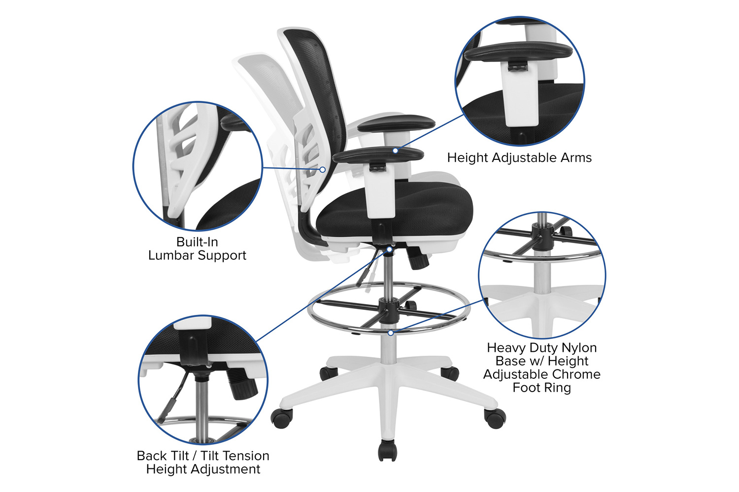 BLNK Tyler Mid-Back Mesh Ergonomic Drafting Chair with Adjustable Chrome Foot Ring, Adjustable Arms and White Frame - Black