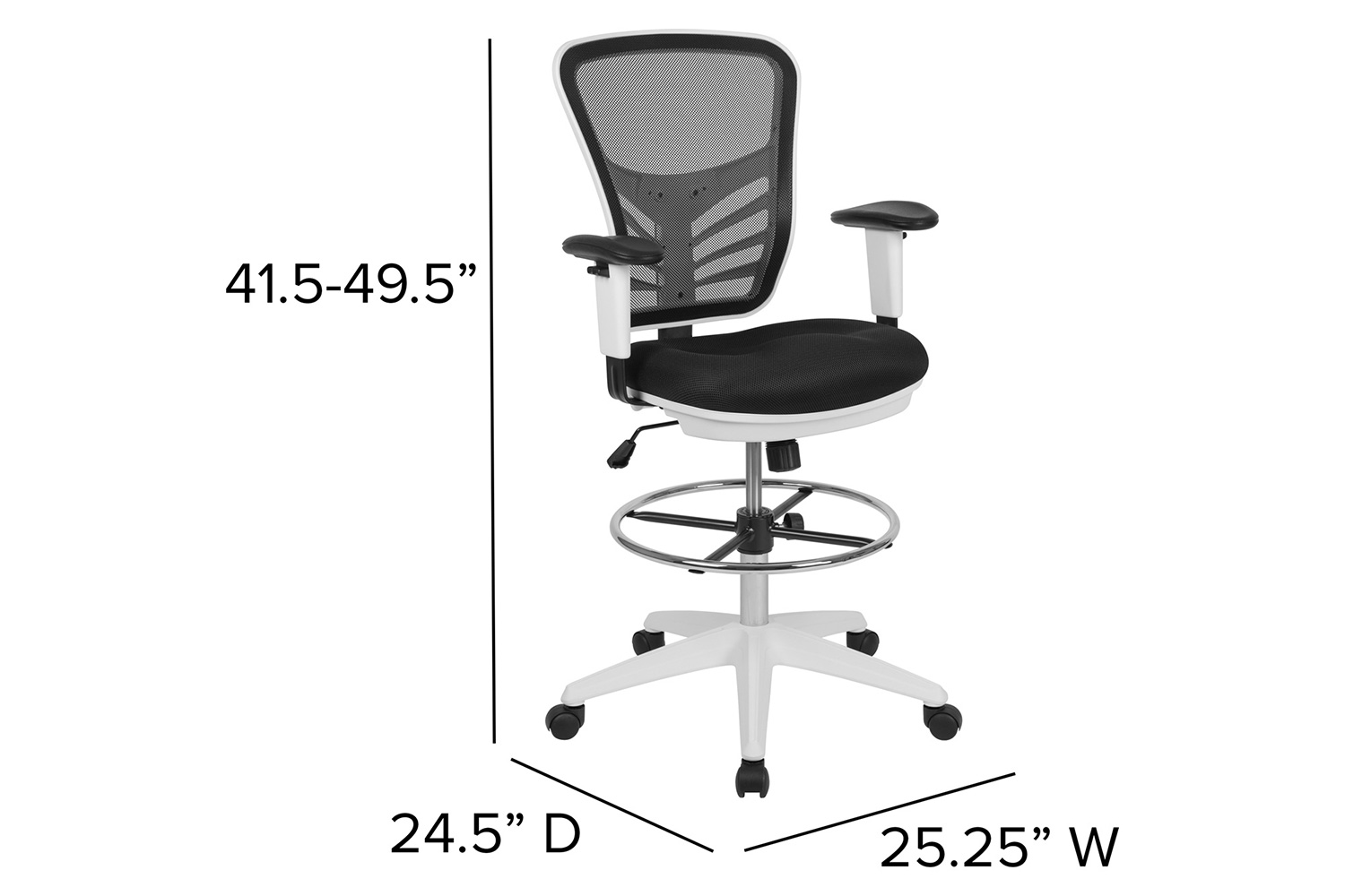 BLNK Tyler Mid-Back Mesh Ergonomic Drafting Chair with Adjustable Chrome Foot Ring, Adjustable Arms and White Frame - Black