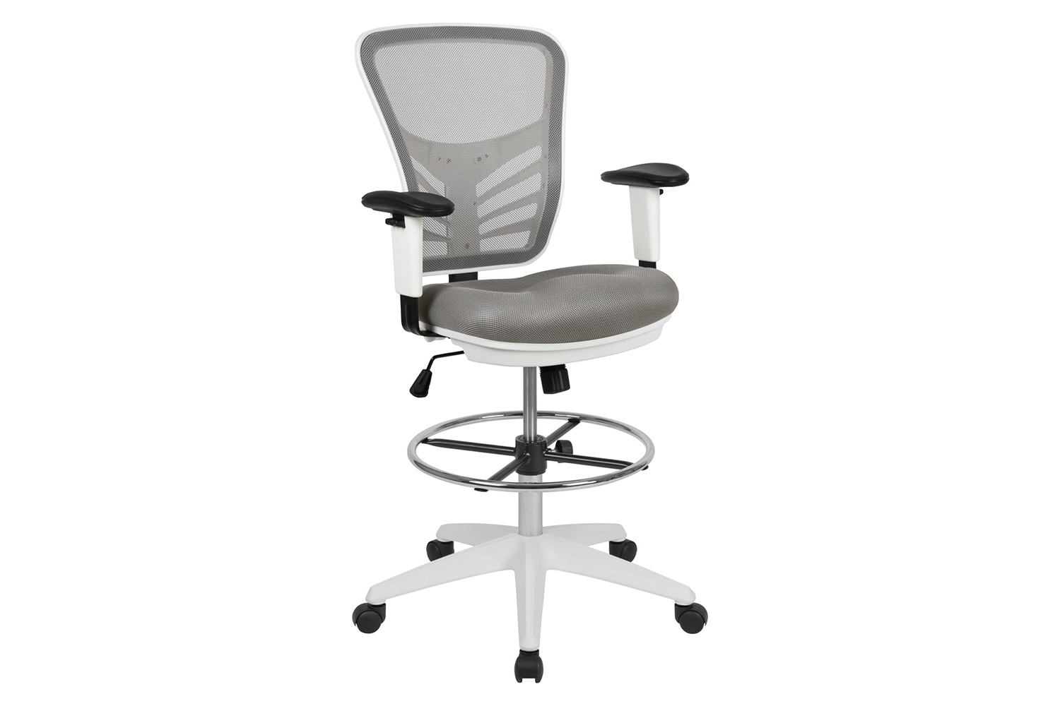 BLNK Tyler Mid-Back Mesh Ergonomic Drafting Chair with Adjustable Chrome Foot Ring, Adjustable Arms and White Frame