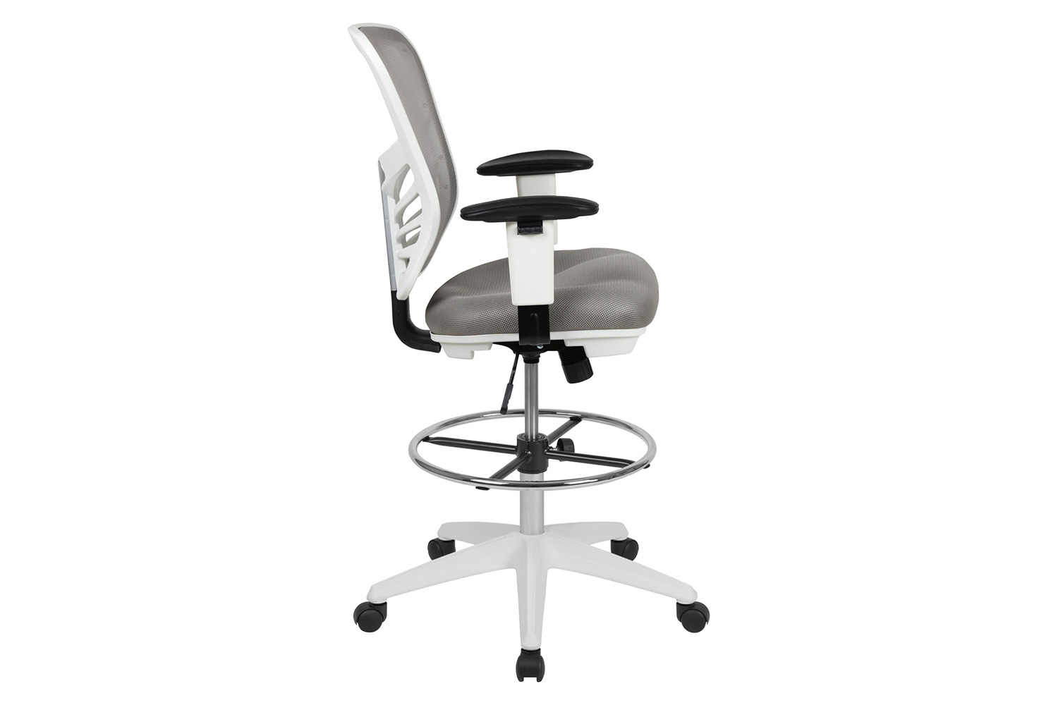 BLNK Tyler Mid-Back Mesh Ergonomic Drafting Chair with Adjustable Chrome Foot Ring, Adjustable Arms and White Frame - Light Gray