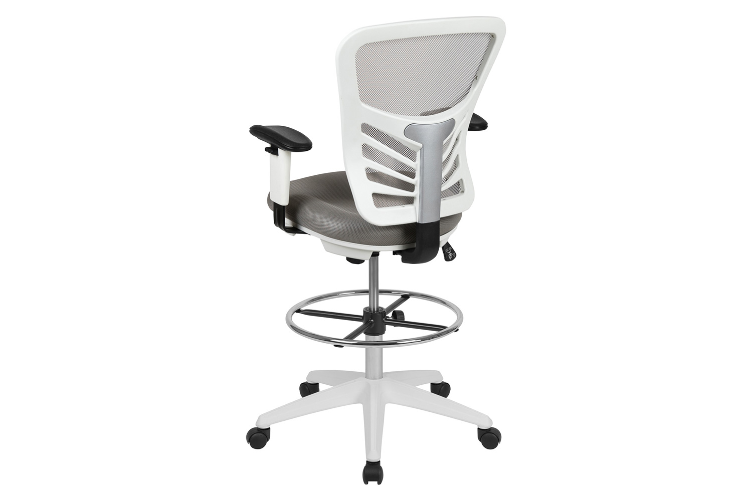 BLNK Tyler Mid-Back Mesh Ergonomic Drafting Chair with Adjustable Chrome Foot Ring, Adjustable Arms and White Frame - Light Gray