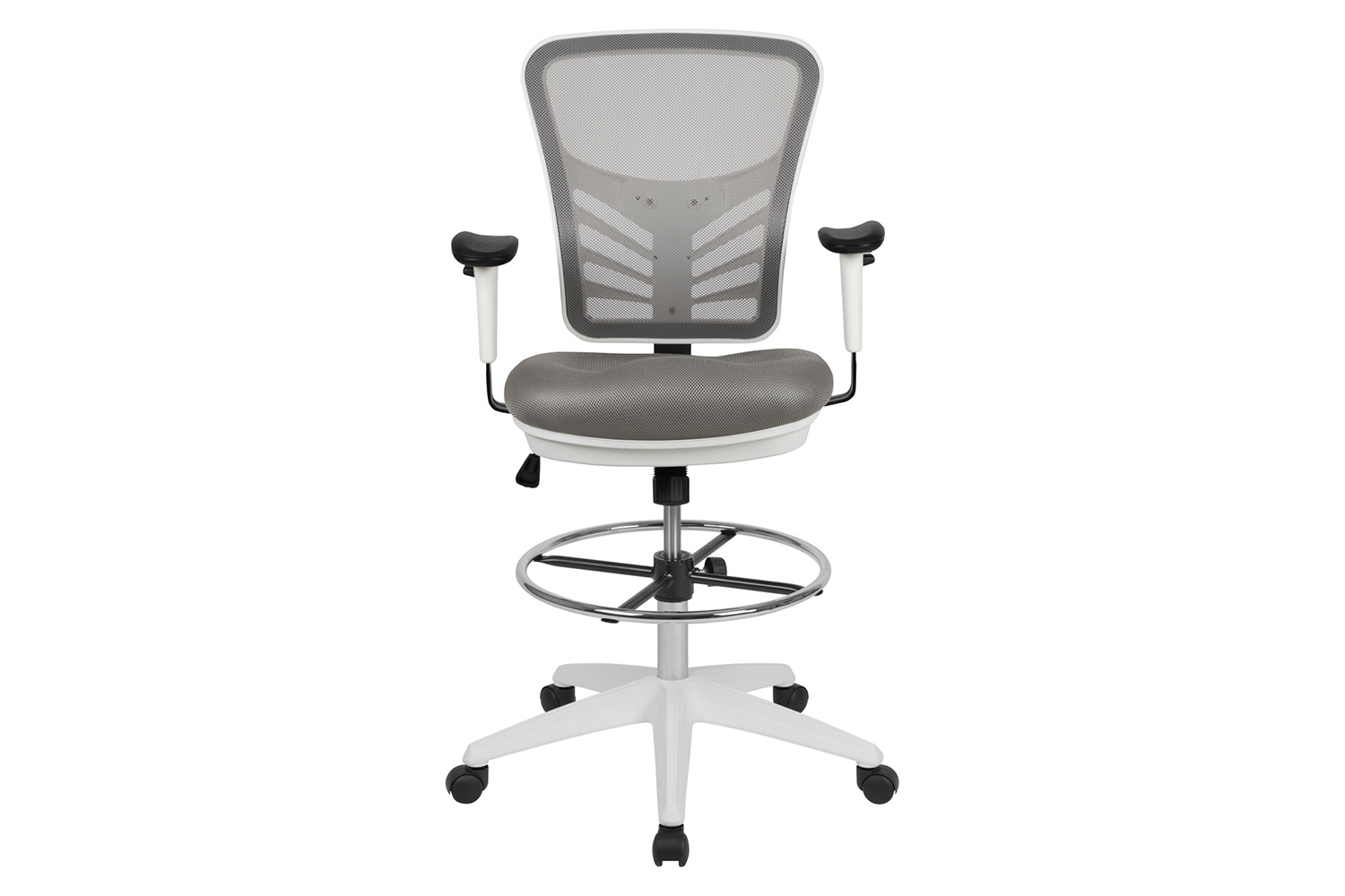 BLNK Tyler Mid-Back Mesh Ergonomic Drafting Chair with Adjustable Chrome Foot Ring, Adjustable Arms and White Frame - Light Gray