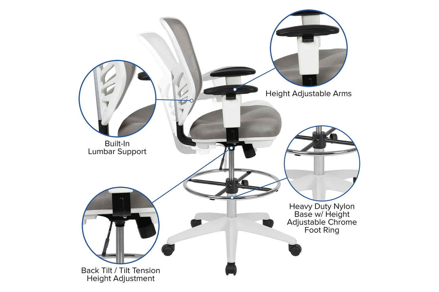 BLNK Tyler Mid-Back Mesh Ergonomic Drafting Chair with Adjustable Chrome Foot Ring, Adjustable Arms and White Frame - Light Gray